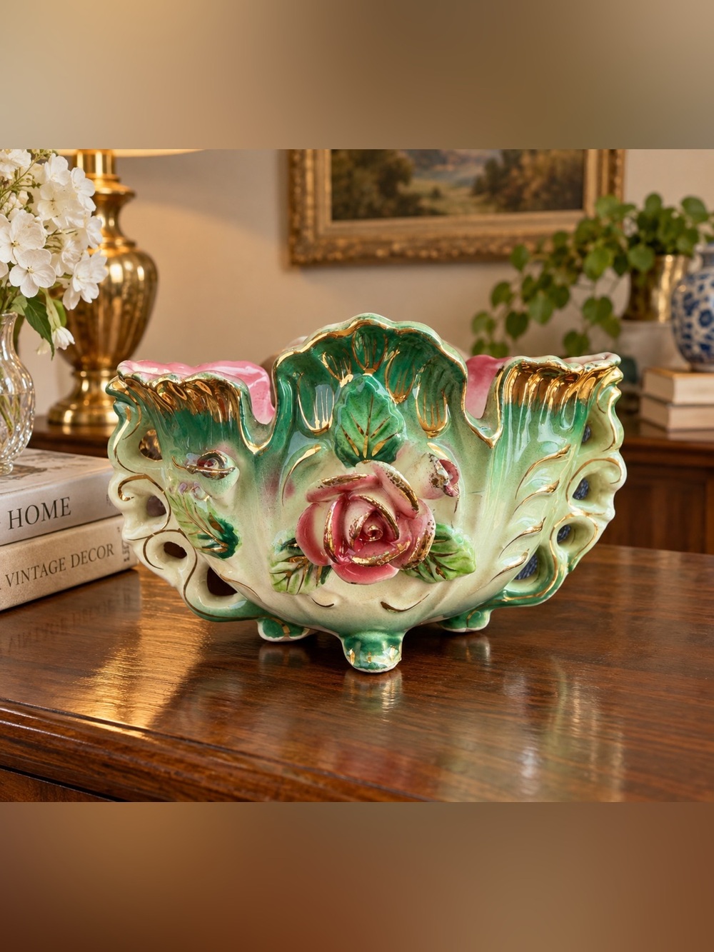 Hand-Painted Ceramic Floral Centerpiece Bowl - Green and Pink